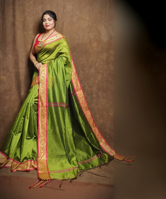 PRANATI ENTERPRISE Woven, Self Design, Floral Print Handloom Cotton Silk, Pure Cotton Saree(Light Green)