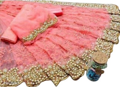 SkyFlock Embroidered, Embellished Bollywood Net Saree(Pink)