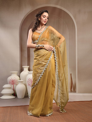 Stylum Solid/Plain Daily Wear Net Saree(Gold)