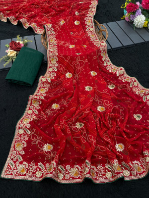 LAJEELEE Embroidered Bandhani Georgette Saree(Maroon, Gold)