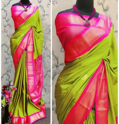 malegaon paithani Woven Banarasi Cotton Silk Saree(Pink, Green)
