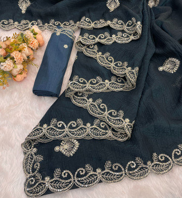 Ethina Fashion Embroidered Bollywood Jimmy choo Saree(Dark Blue)