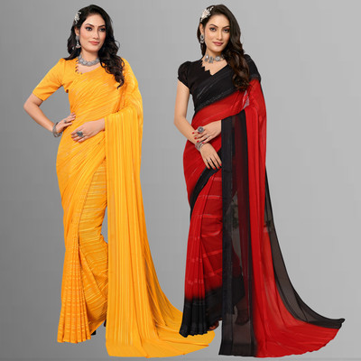 Anand Sarees Striped Bollywood Satin Saree(Pack of 2, Yellow, Black, Red)