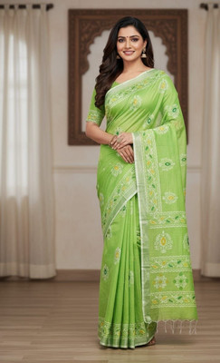 BeyondRetro Graphic Print Hand Batik Handloom Tussar Silk Saree(Green)