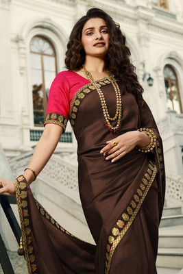SHREE SHAKTI FASHION Temple Border, Solid/Plain Bollywood Tussar Silk, Silk Blend Saree(Brown)