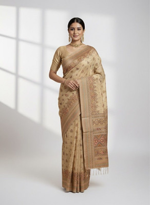 VIDRA Woven, Floral Print, Geometric Print, Embellished Handloom Pure Cotton Saree(Beige)