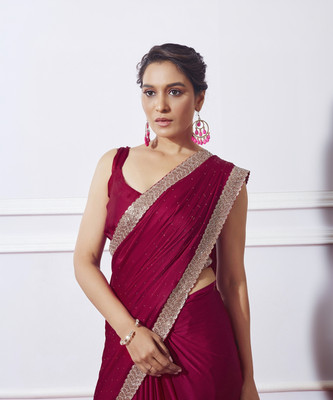 Satrani Embellished Bollywood Chiffon, Satin Saree(Red)