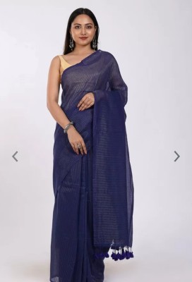 ratnadip Checkered Handloom Cotton Blend Saree(Blue)