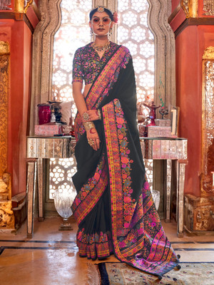 Tasrika Printed Banarasi Silk Blend Saree(Black)