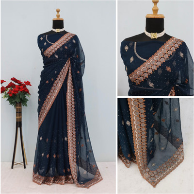 Mikhushop Embroidered Bollywood Organza Saree(Dark Blue)