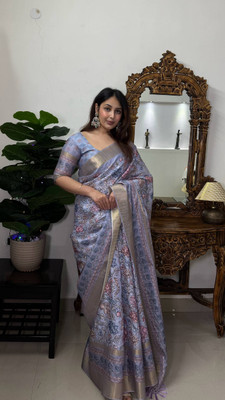 ROOP LAVANYA Woven Kalamkari Pure Silk, Satin Saree(Light Blue)
