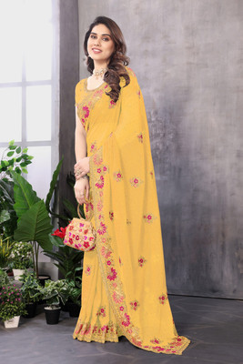 KB DESIGNER Embroidered, Floral Print, Embellished Bollywood Georgette Saree(Yellow)