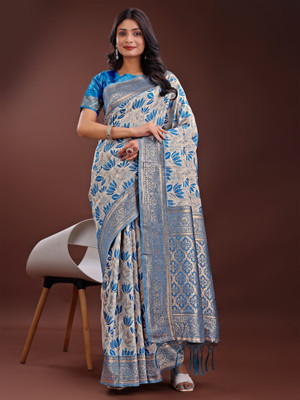 Tasrika Woven Kanjivaram Cotton Linen Saree(White, Blue)