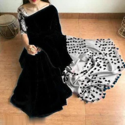 chhanda handloom sarees Woven Bollywood Handloom Cotton Blend Saree(Black, Grey)