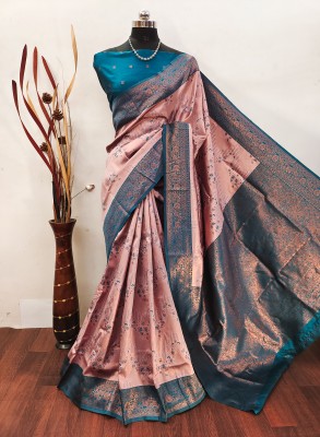 THAETA Printed Kanjivaram Pure Silk, Art Silk Saree(Pink, Light Blue)