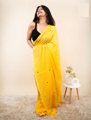 SP Boutique Embellished Handloom Cotton Blend Saree(Yellow)