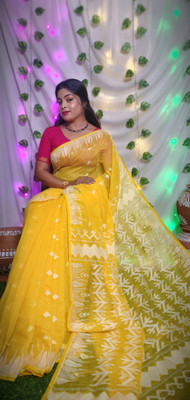 OWALID Self Design Jamdani Cotton Silk Saree(Yellow)