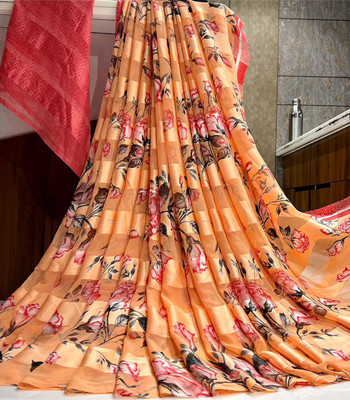 Bombey Velvat Fab Printed Dharmavaram Georgette, Art Silk Saree(Orange)