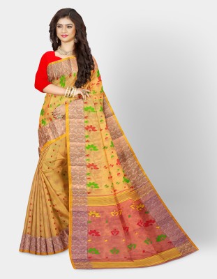 Mayabi Woven Tant Tussar Silk, Pure Cotton Saree(Yellow, Red)