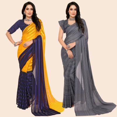 kashvi sarees Striped Bollywood Satin Saree(Pack of 2, Yellow, Blue, Grey)