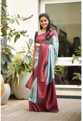 ZILVIRA Woven Kanjivaram Jacquard, Art Silk Saree(Light Blue)