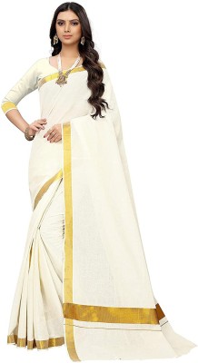 Peerless Embellished Kasavu Handloom Pure Cotton Saree(White)