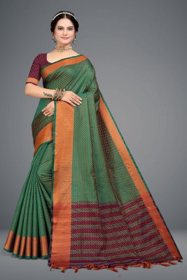 Veertrends Woven Maheshwari Cotton Silk Saree(Dark Green)