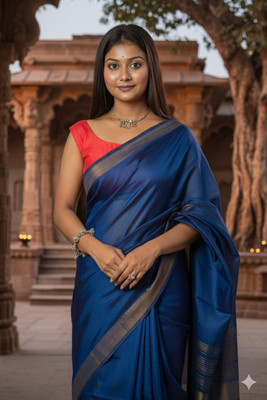 MAHAKAL ENTERPRISE Solid/Plain, Striped Handloom Cotton Blend Saree(Blue)