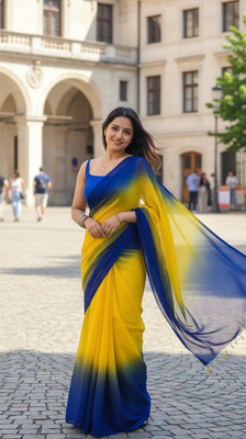 Khodiyar Color Block Daily Wear Georgette Saree(Yellow, Blue)