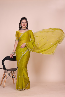 saanvi Solid/Plain, Self Design, Embroidered Bollywood Jimmy choo, Chiffon Saree(Yellow)