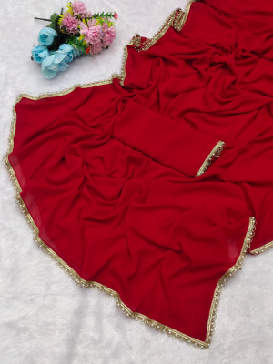 drashti trading Solid/Plain Bollywood Georgette Saree(Red)