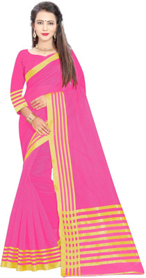 JS Clothing Mart Solid/Plain, Striped Banarasi Cotton Blend Saree(Pink)