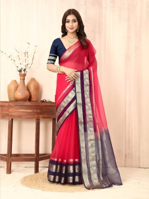 sadika Woven, Embellished Bollywood Organza, Cotton Linen Saree(Pink, Dark Blue)