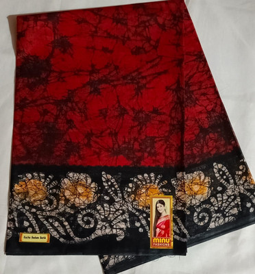 Minu Fashion Woven, Printed Hand Batik Pure Cotton Saree(Maroon, Black)