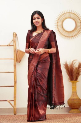 Pionex Woven Kanjivaram Silk Blend, Pure Silk Saree(Maroon)