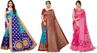 ANIRAV Printed, Woven Bollywood Art Silk Saree(Pack of 3, Blue, Red, Pink)