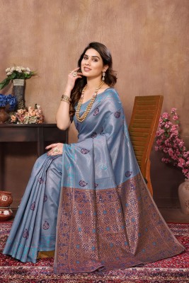 KITKET FASHION Self Design Banarasi Cotton Blend Saree(Blue)