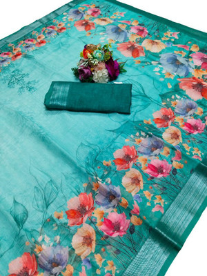 HouseOfCommon Printed Kanjivaram Pure Cotton, Cotton Linen Saree(Light Green)