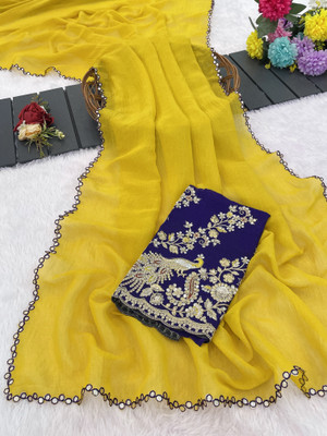 K 5 FASHION Embroidered Bollywood Tissue Saree(Yellow)