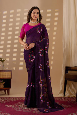 SILKORA Embroidered Bollywood Georgette Saree(Magenta)