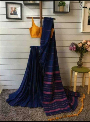 BiswasTextiles Self Design Handloom Cotton Blend Saree(Dark Blue)