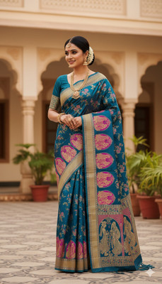 Byaara Floral Print, Woven Banarasi Jacquard Saree(Blue)