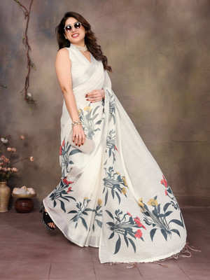 CHHABILAENTERPRISE Printed Bollywood Cotton Linen Saree(White)