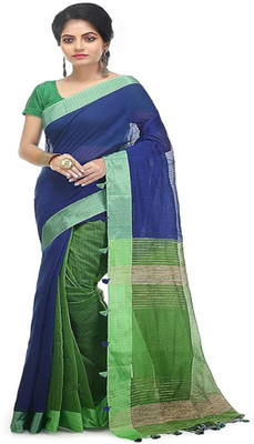 Piyari Fashion Self Design Saree with Attached Blouse Handloom Cotton Blend Saree(Blue)