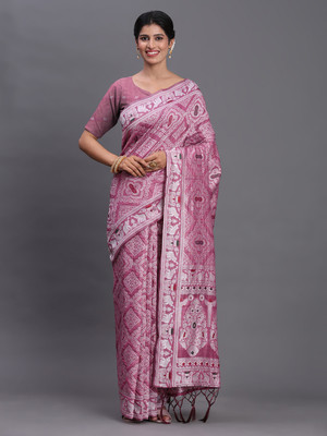 Tasrika Woven Patola Cotton Linen Saree(Pink)