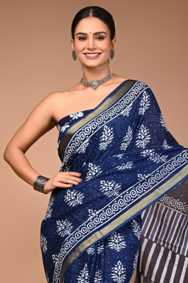 LOVWEAR Printed Ikkat Pure Cotton Saree(Blue)
