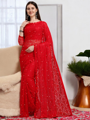 Nexafashion Self Design Bollywood Net Saree(Red)