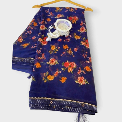 AGV Printed Bandhani Chiffon Saree(Dark Blue)