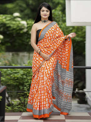 Divastri Printed Daily Wear Pure Cotton Saree(Orange)