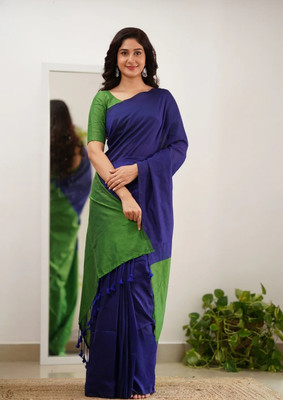 Bengal S Solid/Plain, Color Block Handloom Pure Cotton Saree(Green, Blue)